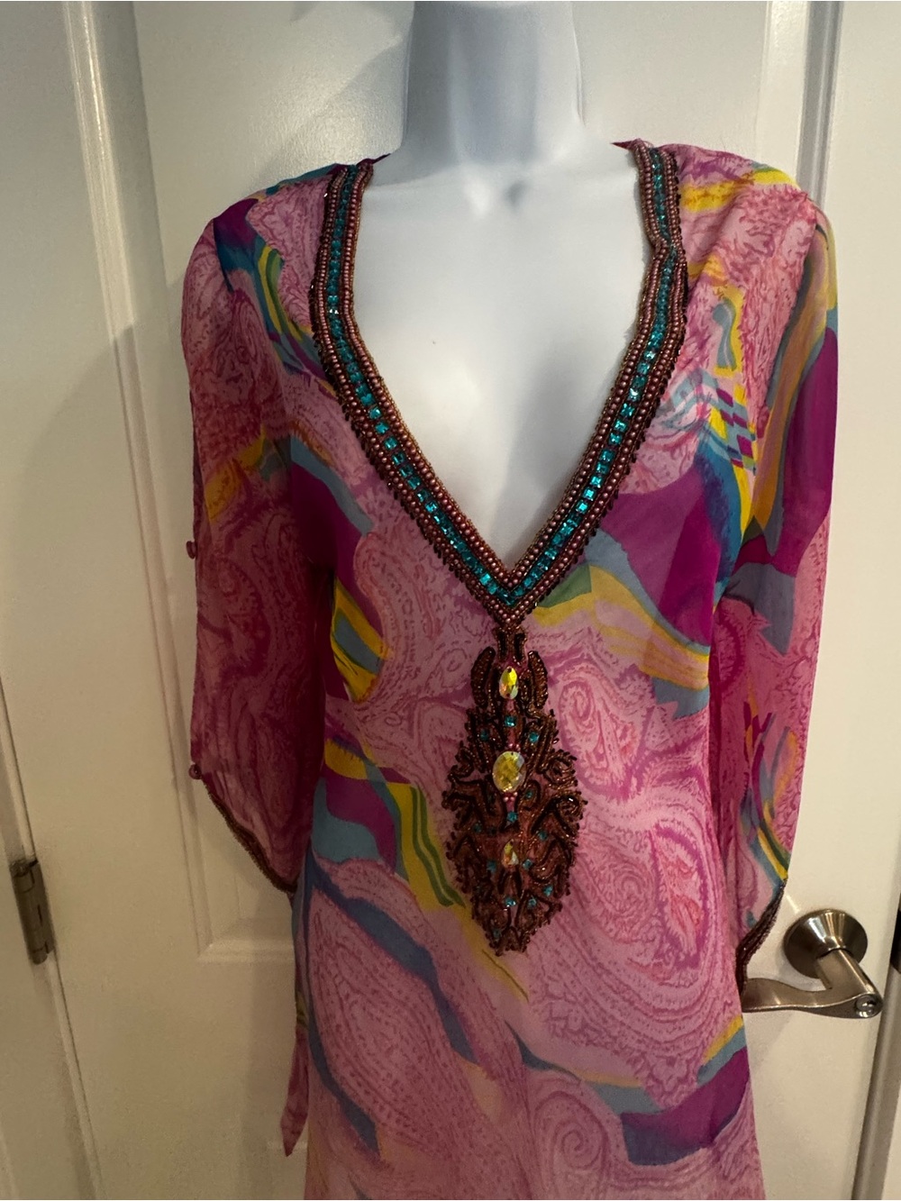 l'affaire cover up Embellished Pink Sheer V-Neck Tunic